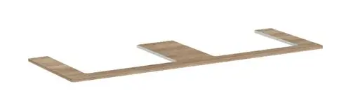 Konsole von Hansgrohe mit zwei Ausschnitten, aus Holz in hellem Eichenlook, geeignet für einen Aufsatzwaschtisch. Flache, rechteckige Form ohne weitere Elemente.